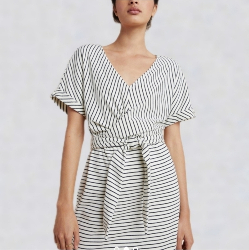 Anthropologie Ivory/ Navy XSmall Pazienza Terry Cloth Criss Cross Tie Midi Dress